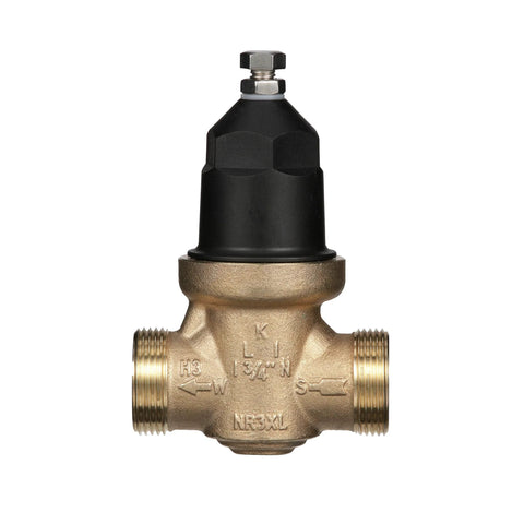 Front view of Zurn Wilkins 3/4 in NR3XL brass pressure reducing valve with black adjustment cap and double union FNPT ends