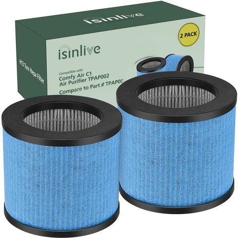 2 Pack TPAP002 Filter Replacement 3 In 1 Upgraded For Air Purifier Comfy Air C1 Compatible With TPFF002, two blue cylindrical filters