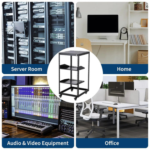Rock Solid 20U Open Frame Network Rack Hella Sturdy Cold Rolled Steel Server Cabinet in server room setup.