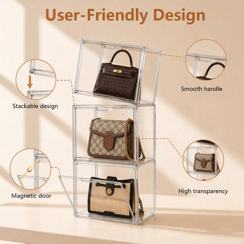 Clear Acrylic Purses And Handbag Organizer Display Case Set With Magnetic Door for wallets and clutches in closet, 3-piece stackable design