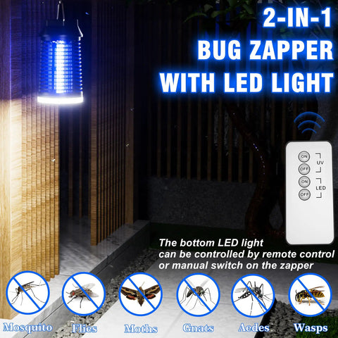 No-Fuss Indoor Outdoor Bug Zapper With LED Light hanging in a patio, showing remote control and insect icons.
