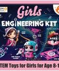 Over 100 STEM Projects Kit For Girls Ages 8 To 12 Mini Engineering Set shown with robotic toys and tools on box.