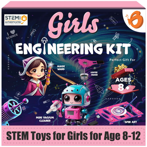 Over 100 STEM Projects Kit For Girls Ages 8 To 12 Mini Engineering Set shown with robotic toys and tools on box.