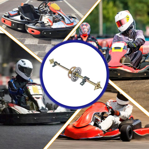 44in/1120mm Quad Go Kart Rear Live Axle Kit With Sprocket, Brake, And Wheel Hub Replacement in collage with racing go karts