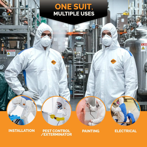 Men wearing Heavy Duty White Disposable Coveralls Industrial Grade Antistatic Protective Suit Full Body Tear Puncture Resistant Cleaning Jumpsuit 2XL 25 Pack For Chemical Handling Construction And Paint Jobs in a factory setting