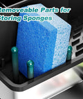 Close-up of Stainless Steel Sink Caddy With Sponge Holder And Brush Holder Plus Towel Rack And Soap Dispenser Kitchen Sink Organizer For Countertop Must Have Rustproof Easy To Clean Modern Black Finish showing sponge storage.
