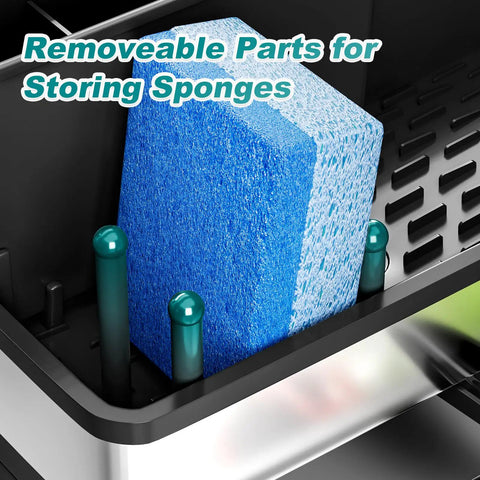 Close-up of Stainless Steel Sink Caddy With Sponge Holder And Brush Holder Plus Towel Rack And Soap Dispenser Kitchen Sink Organizer For Countertop Must Have Rustproof Easy To Clean Modern Black Finish showing sponge storage.