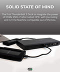 Rock Solid Thunderbolt 3 Nvme Expansion Dock With Two Terabyte M2 Internal Drive And Blazing Fast Uhs Ii Sd Reader For Dead Simple File Transfers On Mac Or Windows Laptops In Matte Black, connected to a laptop with SD card reader.