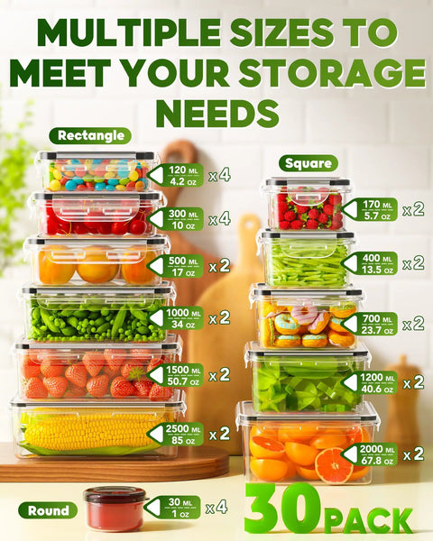 60 Piece Leak Proof Food Storage Set With Lids BPA Free Plastic Containers stacked in various sizes with labels