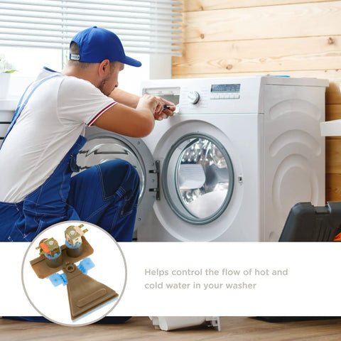 Technician installing Washer Water Inlet Valve Assembly WH13X26534 Replacement into front-load washer