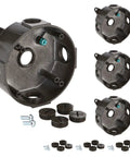 Four Pack Round Outdoor Junction Boxes With Five Half Inch Holes Die Cast Wet Rated Exterior Electrical Box For Weatherproof Power Connections Plugs And Ground Screw Compatibility, bronze, with plugs