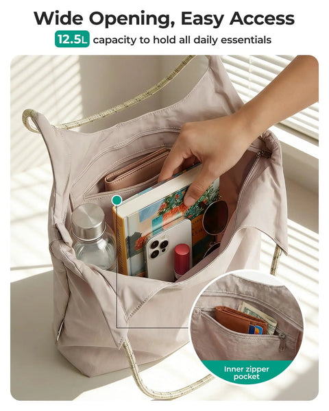Waterproof Beach Tote Bag For Women With Zipper showing spacious interior with essentials inside, lightweight and sandproof.