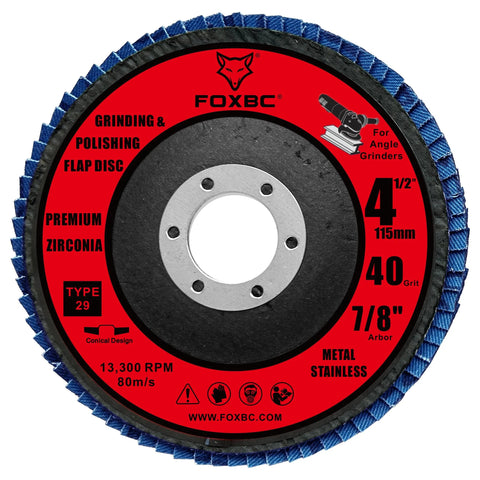 FOXBC 4-1/2 inch flap disc, 40 grit Type 29 zirconia for metal grinding