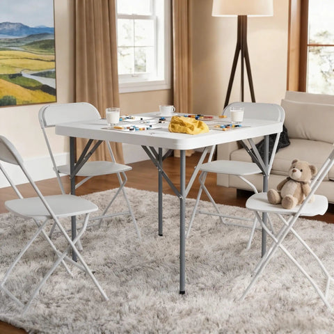 34-Inch Square Folding Table With Carrying Handle in a living room with four chairs, set for indoor use