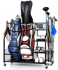 Heavy Duty Golf Bag Storage Rack With Rolling Wheels For Garage Or Clubhouse Durable Metal Stand Holds 2 Full Size Golf Bags And Gear