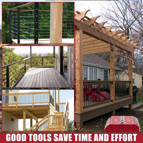 Angled Pro Grade Drill Guide For Cable Railing With 30 Degree 45 Degree And 90 Degree Holes shown installed on deck and porch railings.