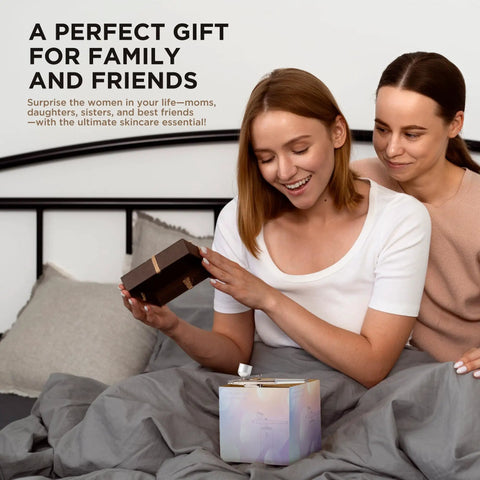 Women opening gift box containing Rechargeable Handheld High Pressure Facial Micro Nano Mist Injector Sprayer Portable Cordless