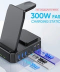 All In One 300W Charging Station for Multiple Devices With 10 in 1 Wireless Charger GaN III USB C 65W PD Stand Dock shown.