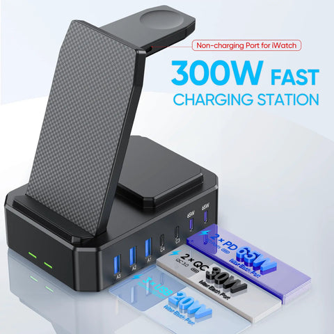 All In One 300W Charging Station for Multiple Devices With 10 in 1 Wireless Charger GaN III USB C 65W PD Stand Dock shown.