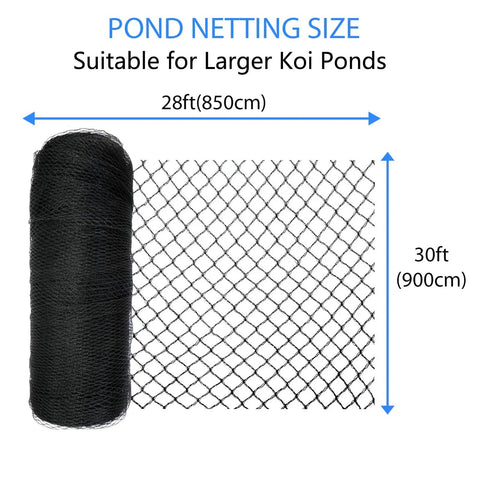 Top Shelf Heavy Duty Koi Pond Netting Kit 28 X 30 Ft Hella Durable Woven Mesh Pond Cover With 12 Ground Stakes Rock Solid HDPE Bird And Cat Shield For Water Gardens Black Mesh Filter