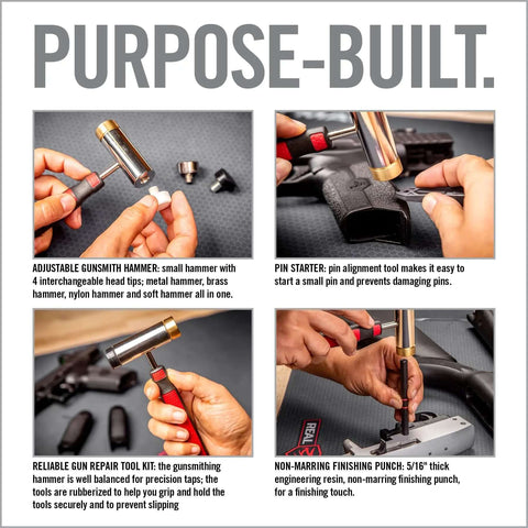 All In One Hammer And Punch Tool Kit With Interchangeable Steel Brass Nylon And Rubber Heads, Pro Grade Punch Sizes Range, Gunsmithing Hammer With Four Tips, Non Marring Punch And Pin Starter Tool For Delicate Or Tough Jobs, shown in use for precision tasks.