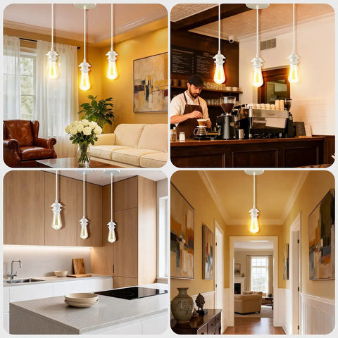 Dope Vintage Pendant Light Kit Featuring Extra Long Adjustable Hardwired Ceiling Cable With Ultra Safe E26 E27 Bulb Sockets in various home settings.