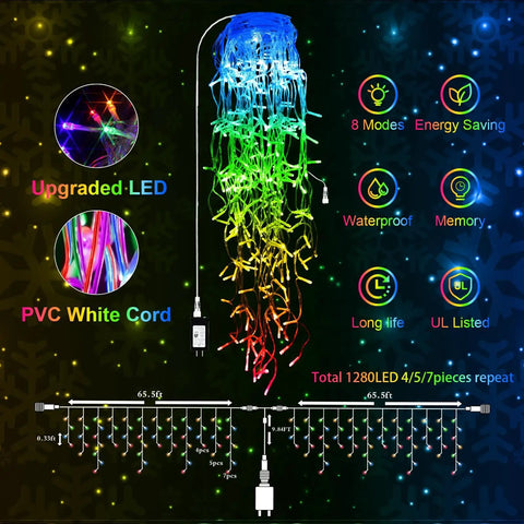 Ultra Bright 1280 LED Christmas String Lights 131 Ft With 240 Drops, 8 Modes, multicolor display with PVC white cord