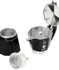 Limited Edition Tricolore Moka Pot For Espresso Lovers Holds Half Cup Per Brew At 40ml Delivers Rich Bold Stovetop Coffee In Classic Italian Style For Home with open top view showcasing aluminum inside and parts.