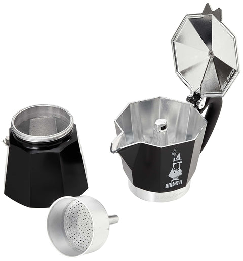 Limited Edition Tricolore Moka Pot For Espresso Lovers Holds Half Cup Per Brew At 40ml Delivers Rich Bold Stovetop Coffee In Classic Italian Style For Home with open top view showcasing aluminum inside and parts.