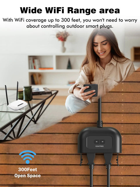 Outdoor Smart Plug IP44 with dual outlets shown in living room, compatible with Alexa and Google, highlighting wide WiFi range.