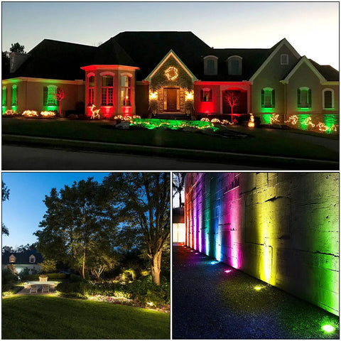 RGBW Low Voltage Landscape Lights With Wire Connectors 12 Pack Outdoor LED Well Lighting IP67 Waterproof illuminating house and garden