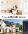 Smart Dual Dimmer Switch With Sunrise Sunset Feature, Space Saving Wall Unit, Voice And App Control, Neutral Wire Required, 4 Pack image showing switch on wall with app interface.