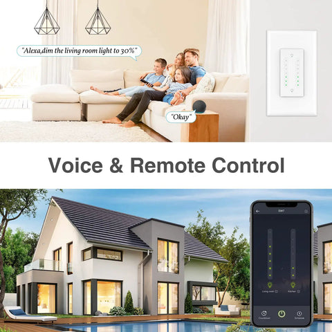 Smart Dual Dimmer Switch With Sunrise Sunset Feature, Space Saving Wall Unit, Voice And App Control, Neutral Wire Required, 4 Pack image showing switch on wall with app interface.