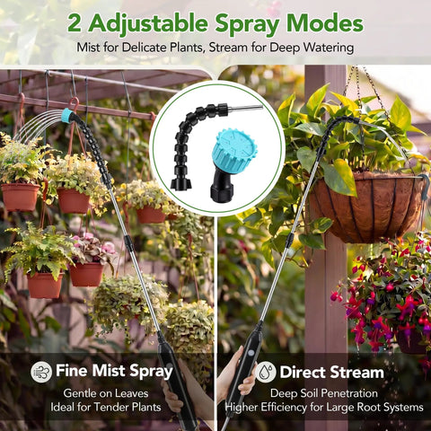 Cordless Rechargeable High Reach Plant Waterer With Telescoping Wand Extends From 25.6 To 35.4 Inches dual nozzles in use