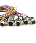 Close-up of 5-Pack M12 8-Pin A-Coded Female Connector Cable, industrial grade, IP67 waterproof, unshielded aviation socket, 0.5m length.