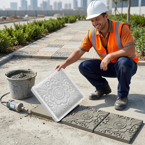 Worker using Two Pack Antique Lotus Concrete Paver Molds for DIY Garden Path Stepping Stones on a patio walkway project.