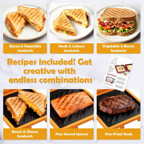 Portable Microwave Toaster For Crispy Grilled Cheese With Adjustable Silicone Strap And Removable Nonstick Plate Melt Cheese In Minutes Perfect For Travel Office Dorm Or Home Kitchen, showing different sandwiches and grilled foods.