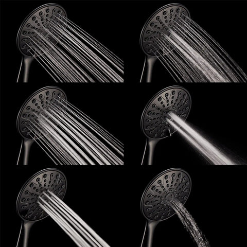 Handheld Shower Head 6 Inch Rainfall Face With High Pressure And 6 Spray Settings including Power Rain, various angles shown