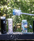 Drill Powered Bottle Brush Cleaner For Water Bottles Mugs Cups Pots Glasses Jars Blenders And Pitchers White And Blue in action