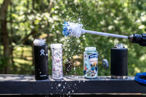 Drill Powered Bottle Brush Cleaner For Water Bottles Mugs Cups Pots Glasses Jars Blenders And Pitchers White And Blue in action