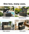 100 Gallon Resin Deck Box Lockable Outdoor Storage Chest for Patio Furniture and Garden Tools Built Tough Weatherproof Waterproof Storage Box for Outdoor Use Black displayed with different stored items like pool equipment and gardening tools.