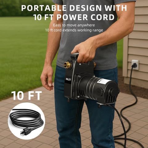 No Sweat Half Horsepower Water Transfer Pump Knocking Out 1320 Gallons Per Hour At 47 Psi, portable design with 10 ft power cord.