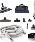 Universal 30 Ft Central Vacuum Kit With Suction Driven Turbo Nozzles showing hose, wands, turbo nozzles, and attachments for home cleaning.