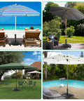 Heavy Duty 100Lb Umbrella Base With Four Locking Wheels by pool, patio, garden and beach, showcasing fillable outdoor base