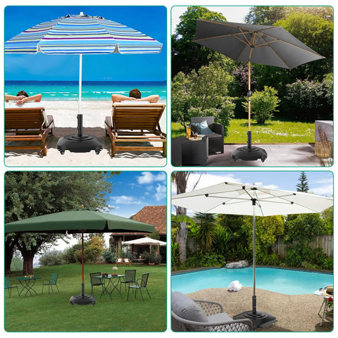Heavy Duty 100Lb Umbrella Base With Four Locking Wheels by pool, patio, garden and beach, showcasing fillable outdoor base
