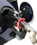 Hands Free Gas Vise Universal Size Nozzle Gripper installed on car fuel nozzle inside gas tank door