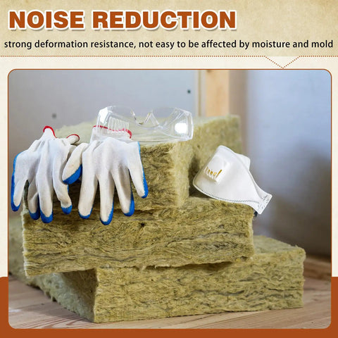 Heavy Duty Mineral Wool Insulation Boards 24 By 24 Inch Acoustic Dampening Panels For Walls And Ceilings Rockwool Thermal Shield stacked with gloves and goggles.