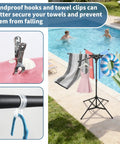 Outdoor Pool Towel Rack With Adjustable Height From 41.3 To 61.8 Inches Built Tough Freestanding Stand with towels and pool floats.