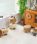 Handwoven Natural Seagrass Storage Ottoman Poufs Round Footrest Stool With 4 Wood Legs in modern living room