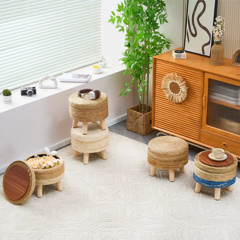 Handwoven Natural Seagrass Storage Ottoman Poufs Round Footrest Stool With 4 Wood Legs in modern living room